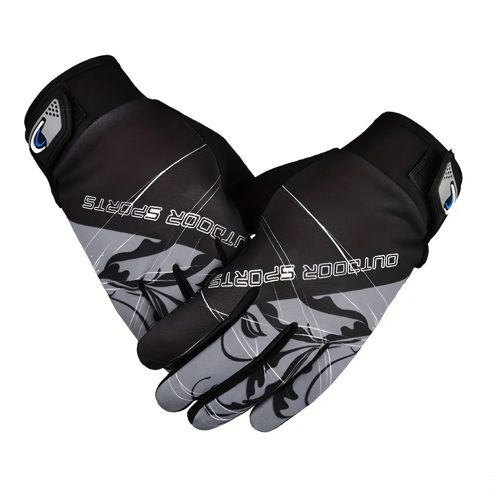 Herren-Radfahrhandschuhe, atmungsaktiv für Outdoor-Sport, mit Handgelenksausführung; die Rückseite in Schwarz und Grau wird gezeigt, mit einem schlanken flammenartigen Design.
