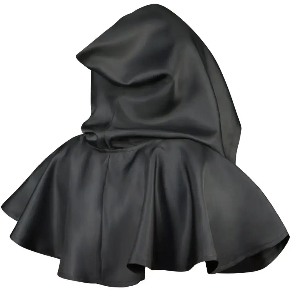 Schwarzes Satin-Kapuzen-Mittelalter-Todesschleier-Kostüm mit fließendem, drapiertem Design, von der Rückseite dargestellt.