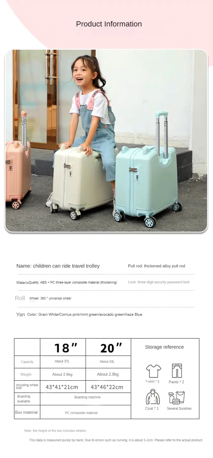pastellfarbener Kinder-Ride-on-Spinner-Koffer mit weicher, abgerundeter Form und ausziehbarem Griff für den Reiseeinsatz.