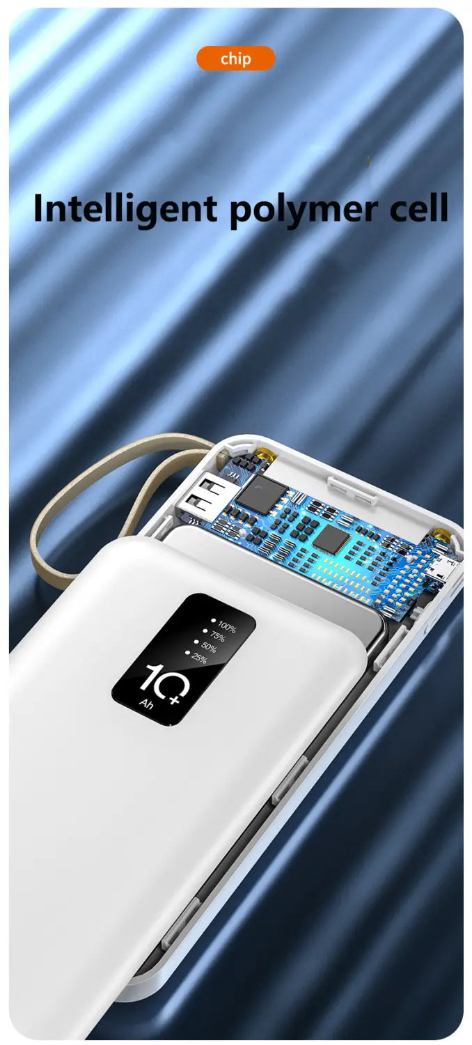 Weiße tragbare Powerbank mit integrierten Kabeln und digitaler Anzeige, die 10 Plus anzeigt, sowie mit freiliegender interner Leiterplatte mit blauen Komponenten, kompatibel, zum Laden von Geräten