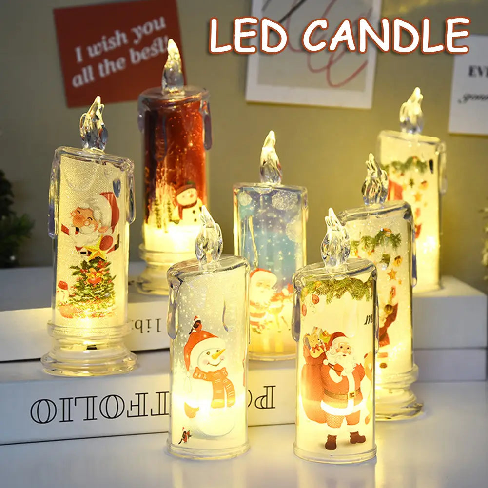 klare Glas-LED-Weihnachtskerzen mit eingebauten, bedruckten LED-festlichen Motiven, die den Weihnachtsmann und Schneemänner zeigen, von innen leuchtend, für eine niedliche Weihnachtsdekoration.