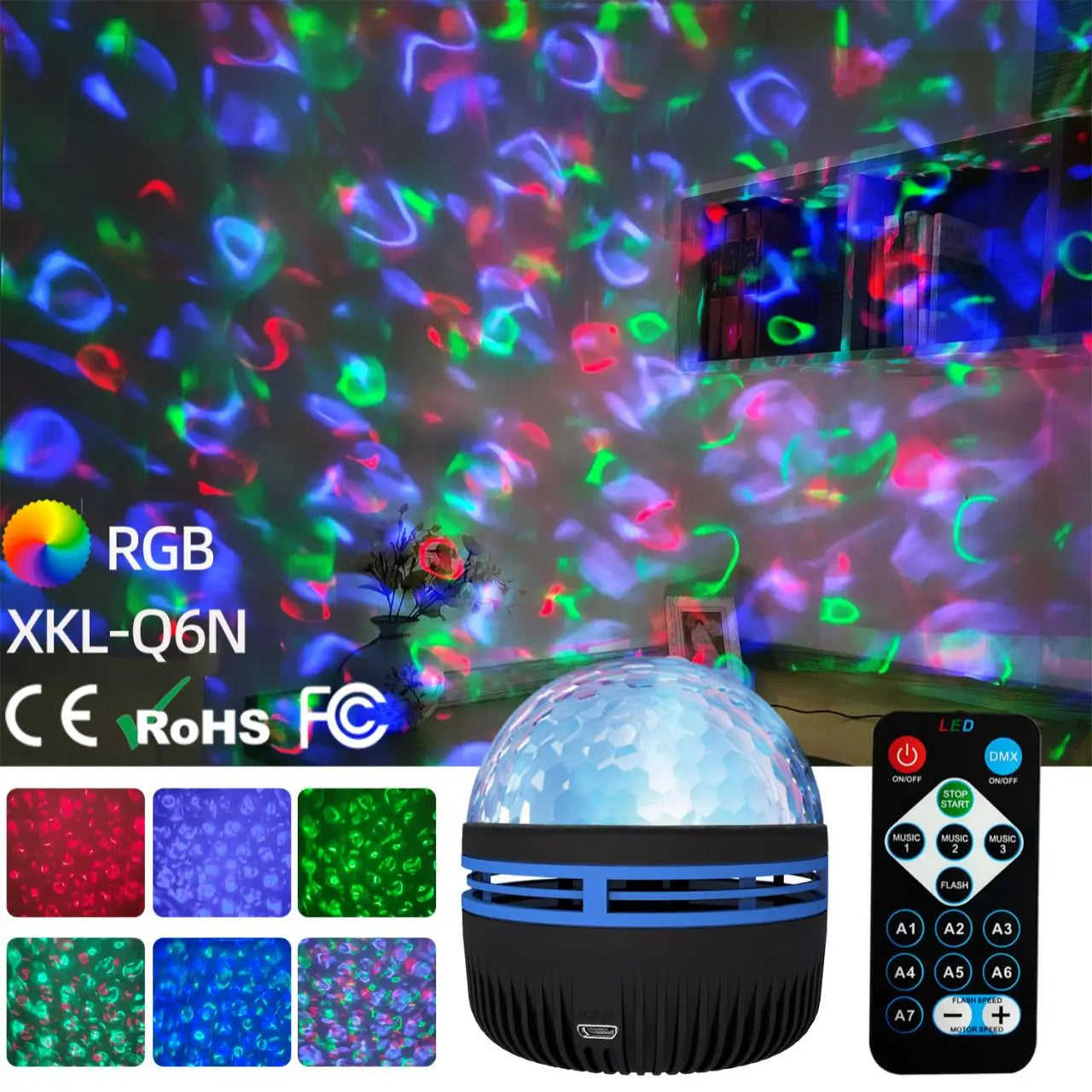 une lampe de projection RGB noire et bleue élégante, avec dôme supérieur texturé et télécommande, proposant plusieurs modes de couleur pour des affichages de veilleuse vibrants