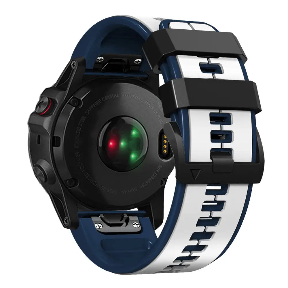 Eine elegante Garmin Fenix 6 Smartwatch mit einem dunkelblauen und weißen Silikonarmband, mit schwarzen Kunststoffschnallen-Akzenten, entwickelt für Garmin Forerunner- und Fenix-Modelle.