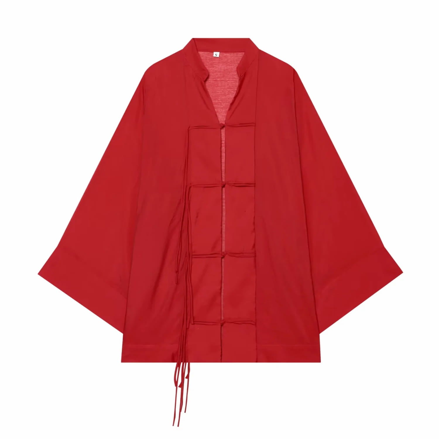Chemise décontractée traditionnelle rouge vif ample, à manches amples et nouages à attache textile sur le devant.