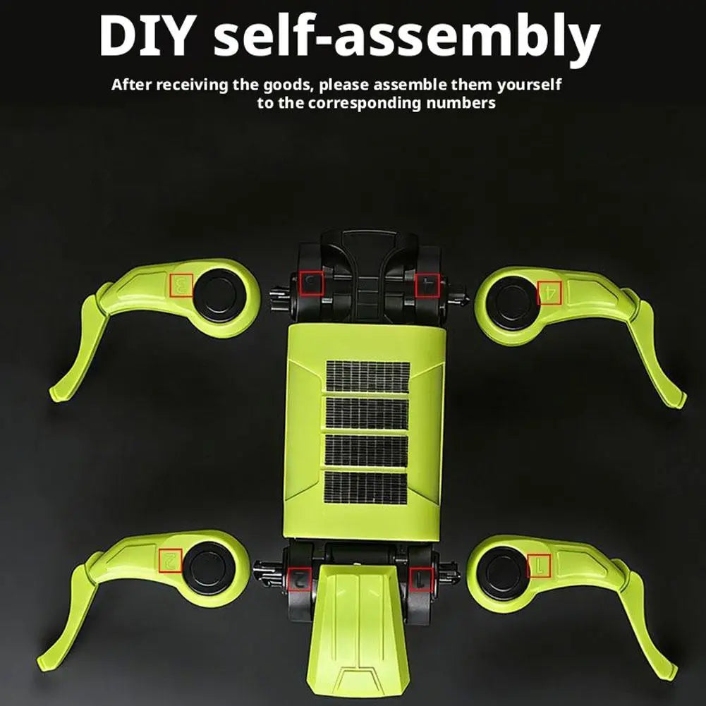 bright lime-green and black mechanical dog diy self-assembly robot kit with solar panels on its back designed as an electronic pet dog toy