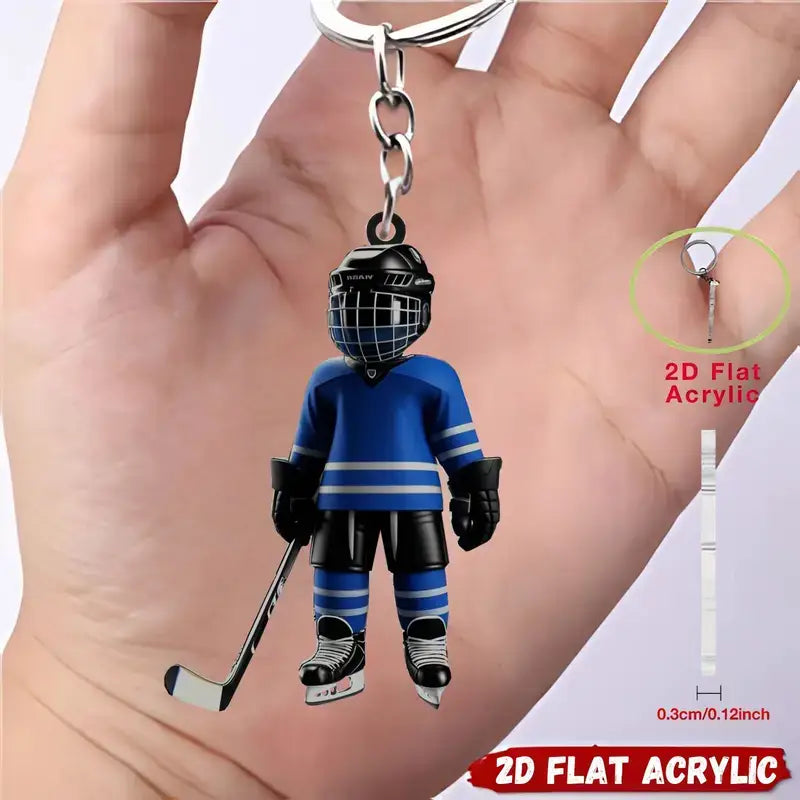 Blue and black 2d flat acrylic hockey goalie keychain with silver chain for sports backpack charm.
