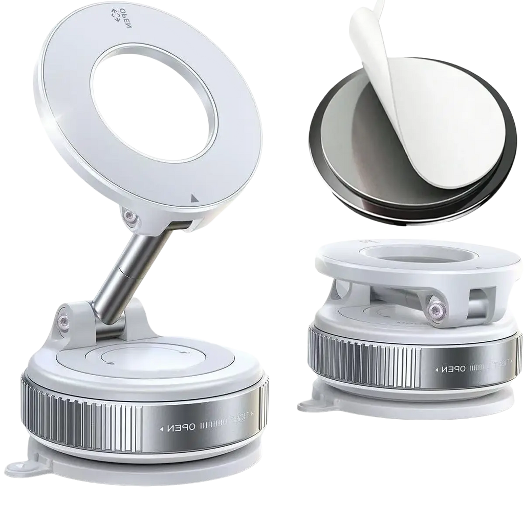 White circular led magnifying lamp with adjustable stand and suction cup base for mobile phone mount on smooth surfaces