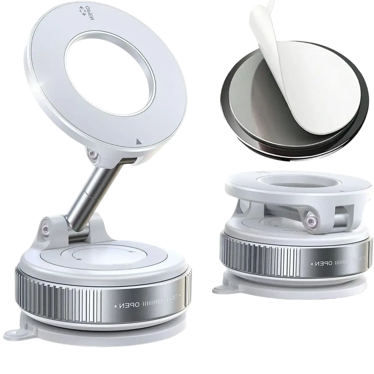 White circular led magnifying lamp with adjustable stand and suction cup base for mobile phone mount on smooth surfaces