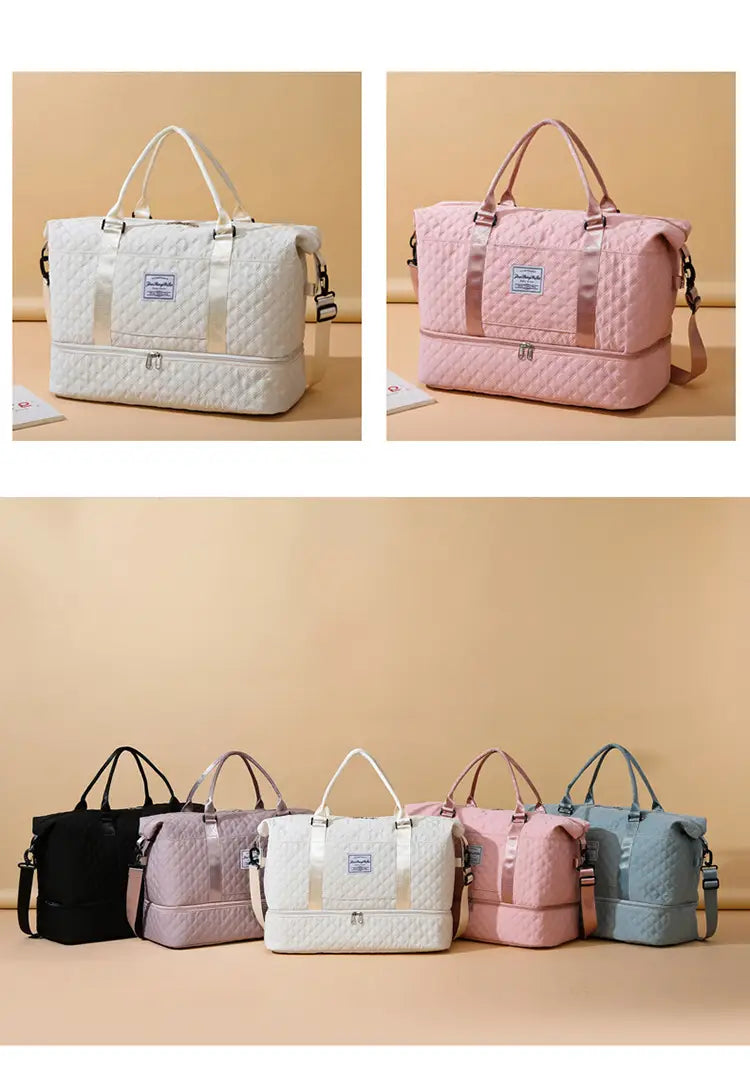 Bolsa de viaje tipo duffel acolchada weekender grande en tonos pastel suaves y neutros, con un diseño moderno y elegante, y exterior acolchado.