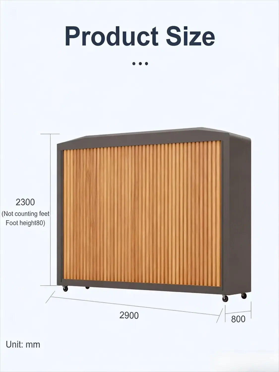 Modern gray-framed indoor air purifier with vertical wooden slats and caster wheels complementing a modular kitchen outdoor cabinet set for enhanced customer service and convenience.