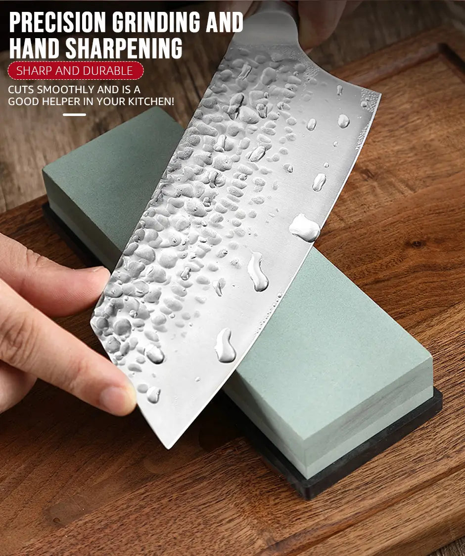 A forged stainless steel chef knife set featuring a hammered texture and a sharp reflective blade being sharpened on a green ceramic stone.