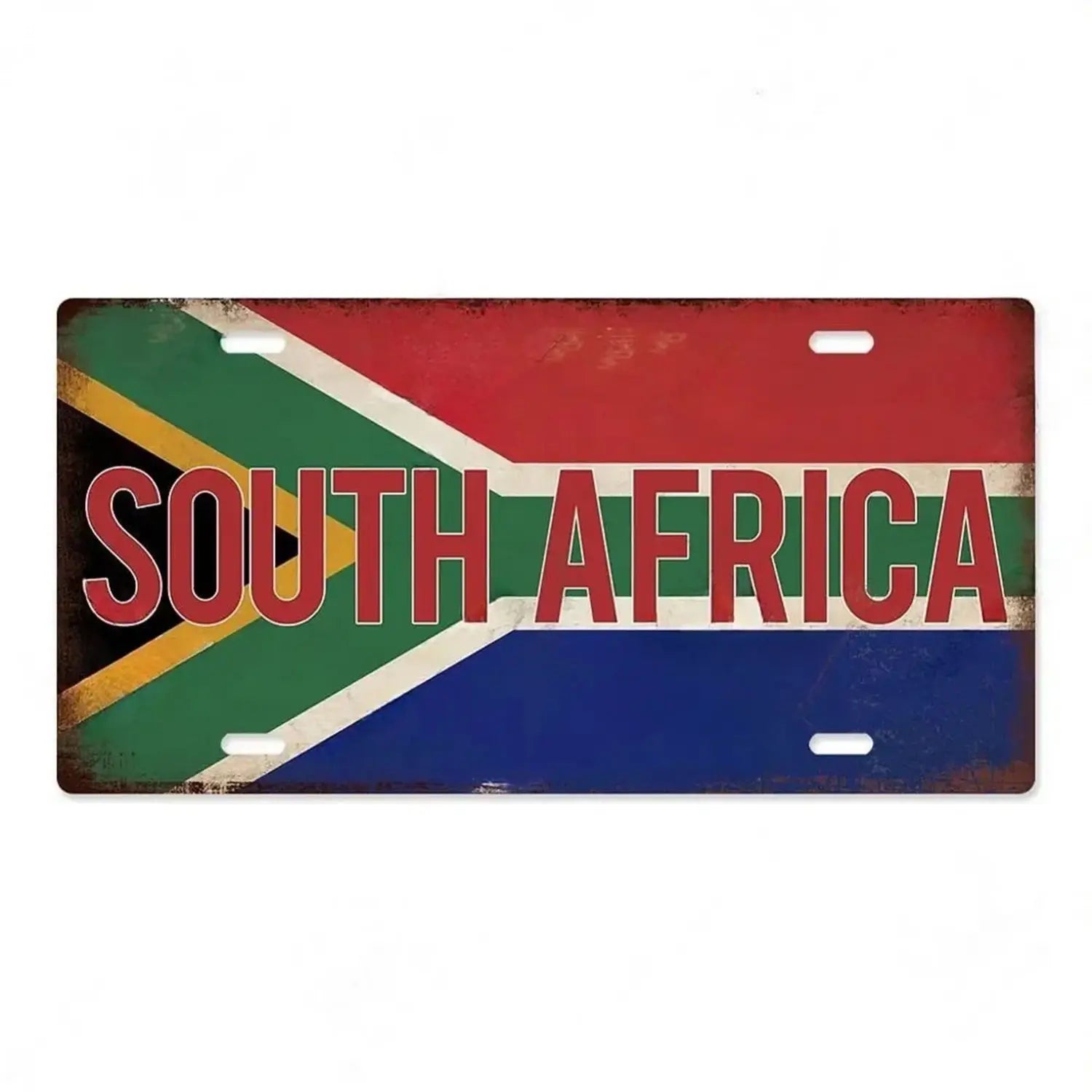 Rusty vintage-style metal license plate featuring bold red lettering and south africa national flag colors green yellow black white and blue for wall decor in product titled India flag metal license plate vintage wall decor.