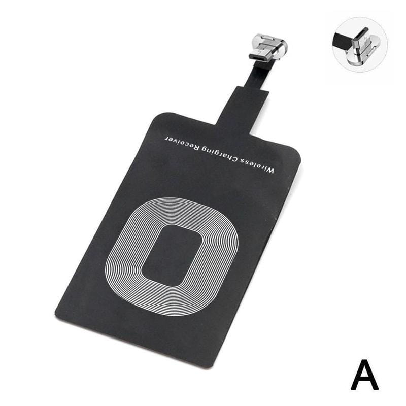 Black wireless charging receiver for type c android phones with a silver coil pattern and metallic connector shown from the back side