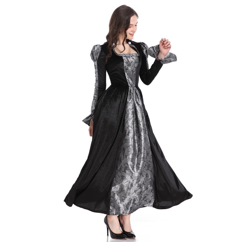 Black and silver velvet gown with intricate floral embroidery featured in the gothic vampire queen costume.
