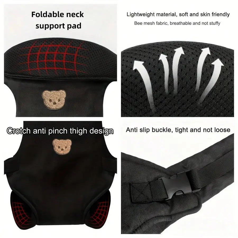 Ergonomischer Babytragegurt 4-in-1 für den Vorder- und Rückentransport in schwarzem Bienenstoff-Mesh mit roten Gitterakzenten und bestickten Bärchen-Patches.