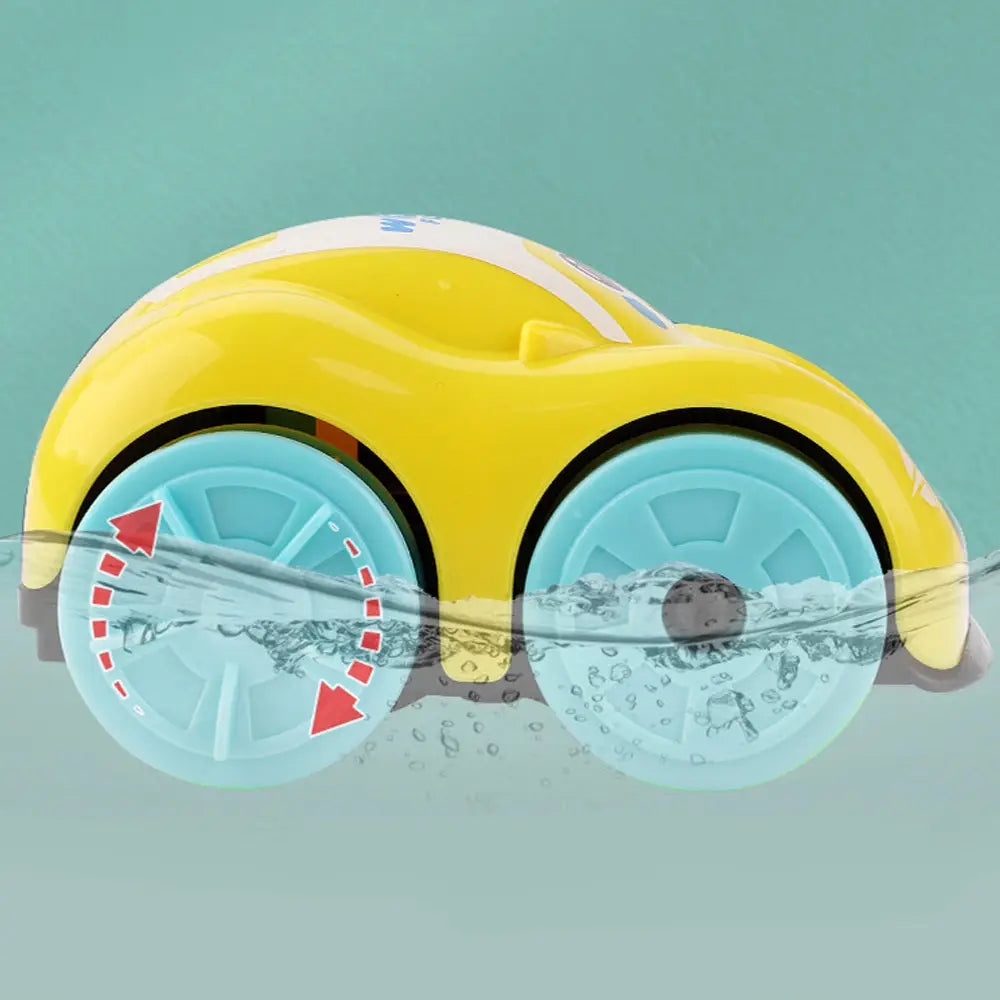 Gelbes Kunststoff-Uhrwerks-Entenbadspielzeug-Auto für Kleinkinder mit hellblauen Rädern und weißen Rennstreifen als Wasserspielzeug.