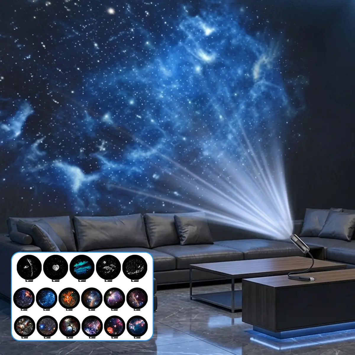 Un projecteur mini LED moderne et élégant projetant une galaxie cosmique bleue vibrante comme lumière de projecteur pour la décoration « ciel étoilé ».