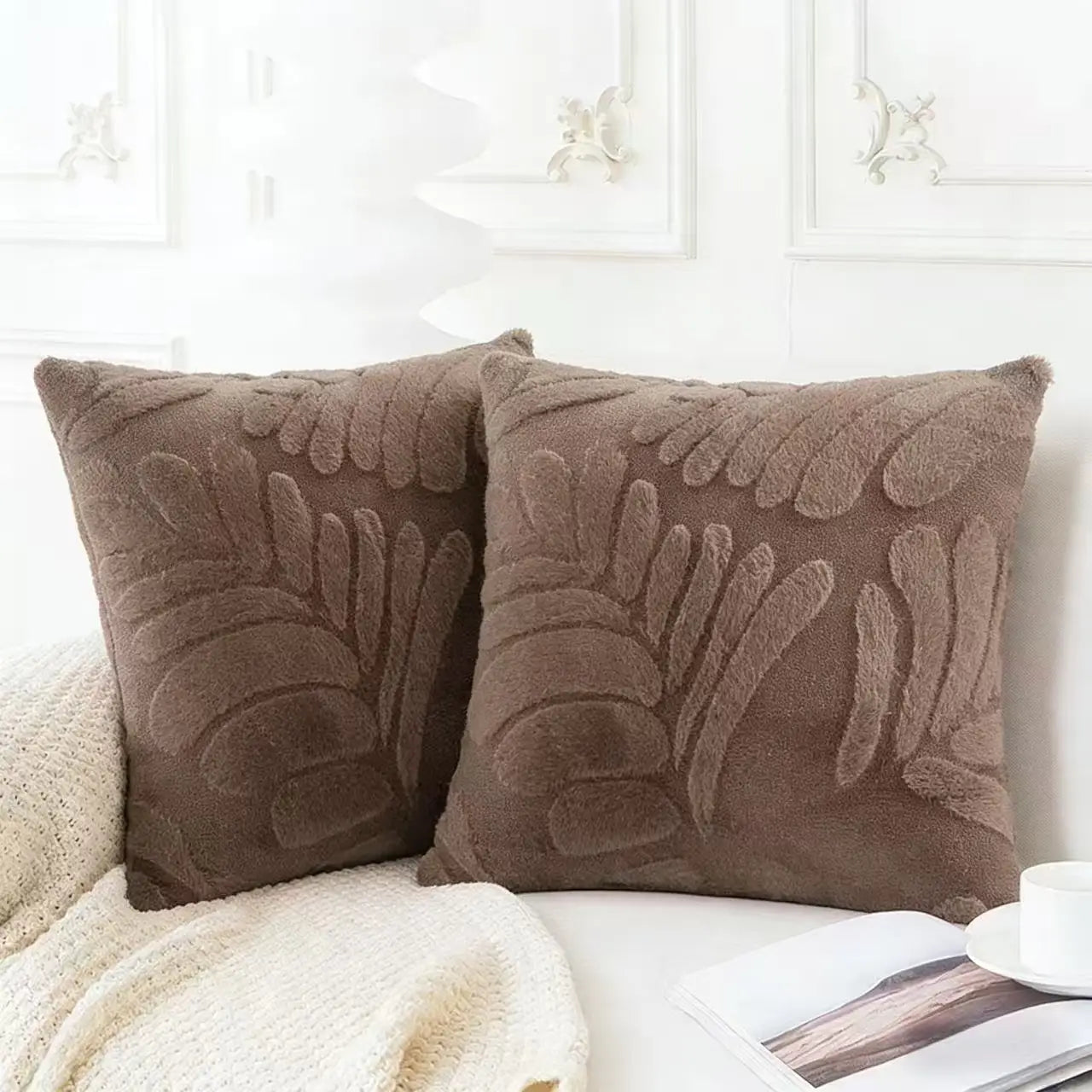 brown plush throw pillow covers with raised leaf embroidery featuring a soft textured design for decorative home use