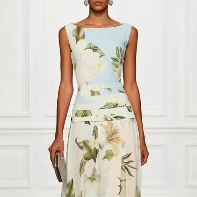 Casual Draped Swing Formal Party Dresses O-neck Sleeveless Elegant Holiday Dress Women Fashion Floral Print Slim Fit Long Dress