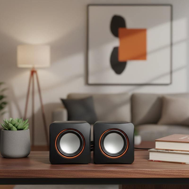 Schwarze würfelförmige USB-Computerspeaker mit orange eingefassten kreisförmigen Treibern und integriertem Mikrofon zur Verwendung am Desktop