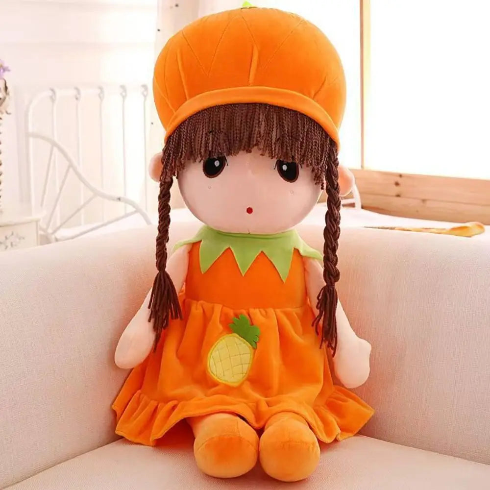 plush doll 45cm cute stuffed animal toy in orange featuring a pumpkin hat and dress with green accents and a pineapple patch