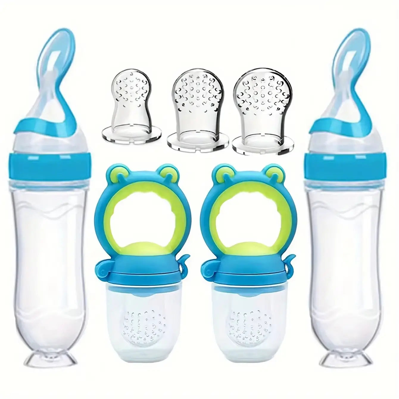 Blaues und grün es Silikon-Babynahrungs-Fütterset mit klarem Kunststoffkörper aus einem Silikon-Babynahrungstrinkfläschchen- und Schnuller-Set.