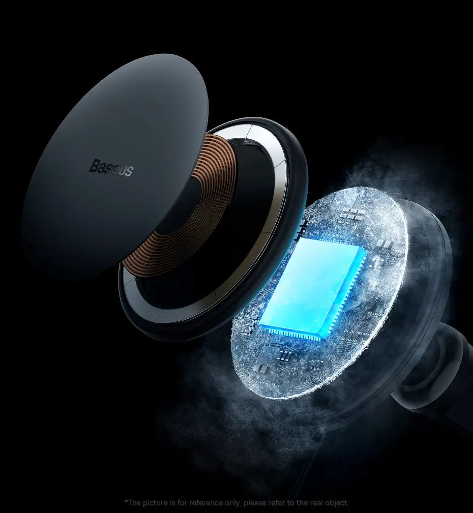 Cargador inalámbrico para coche Baseus magnético negro de 15 W con un diseño circular elegante, mostrando bobinas de cobre visibles y una placa de circuito azul iluminada.