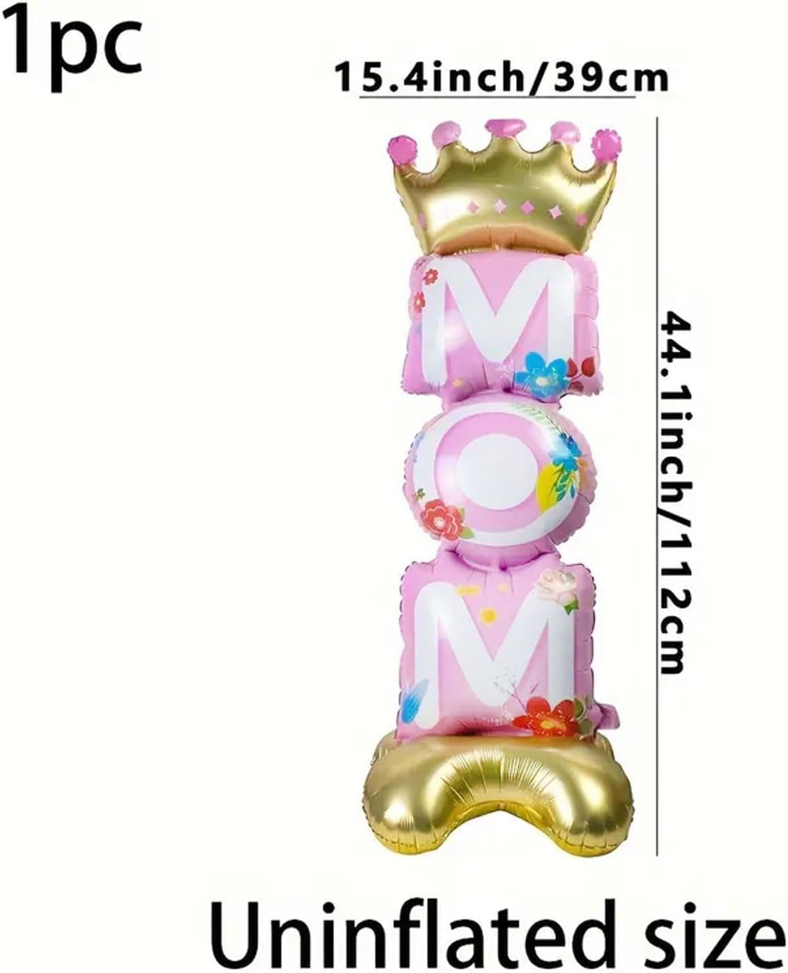 Globo foil de pie con la figura de una madre para una fiesta del Día de la Madre, con letras en foil rosa y dorado con diseños florales, coronado por una corona dorada.