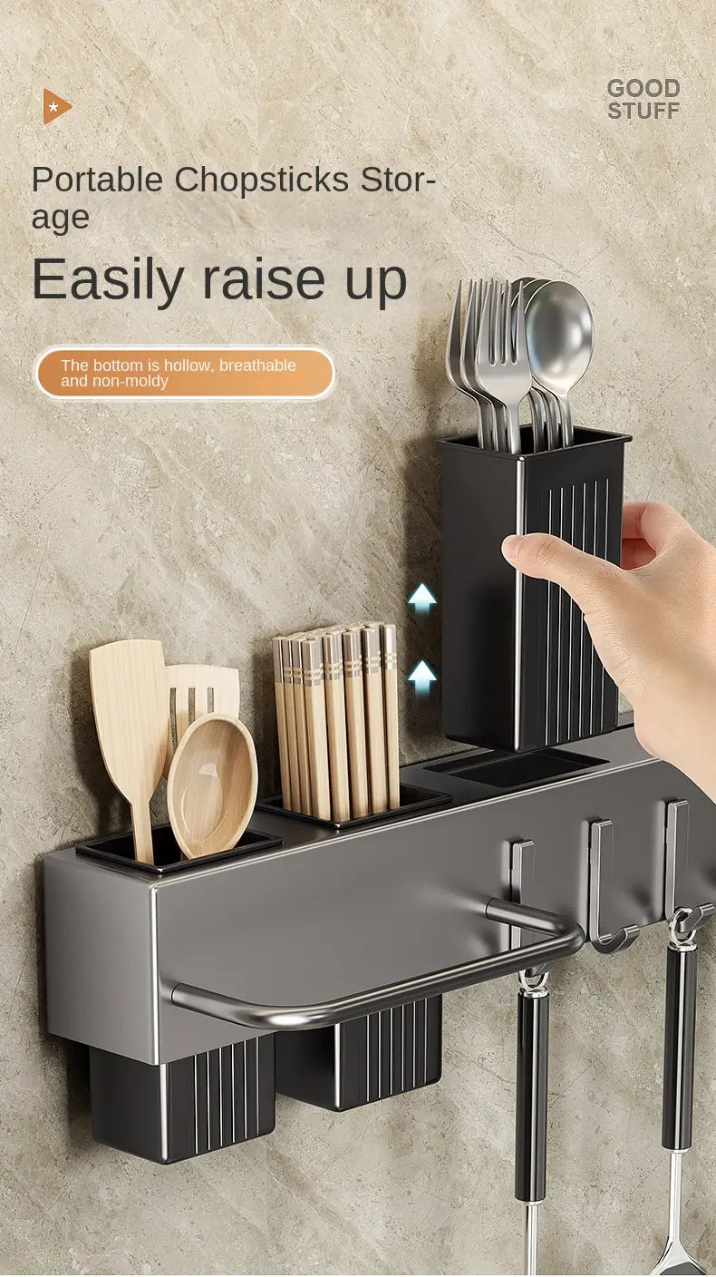 Black rectangular wall mounted kitchen utensil holder and knife rack with vertical ridges and multiple compartments for organized chopstick and utensil storage.