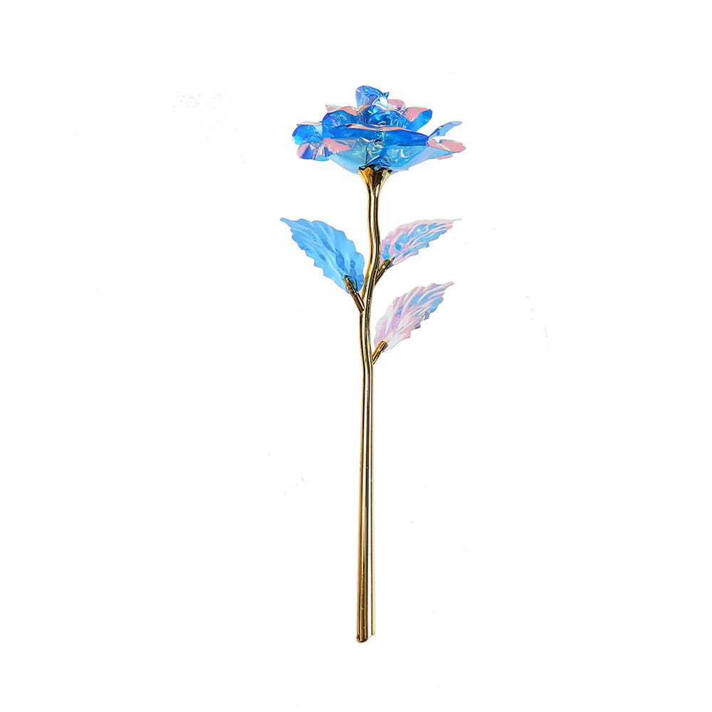 a gold foil artificial rose eternal gift flower featuring a delicate blue and pink glass-like rose with a golden stem
