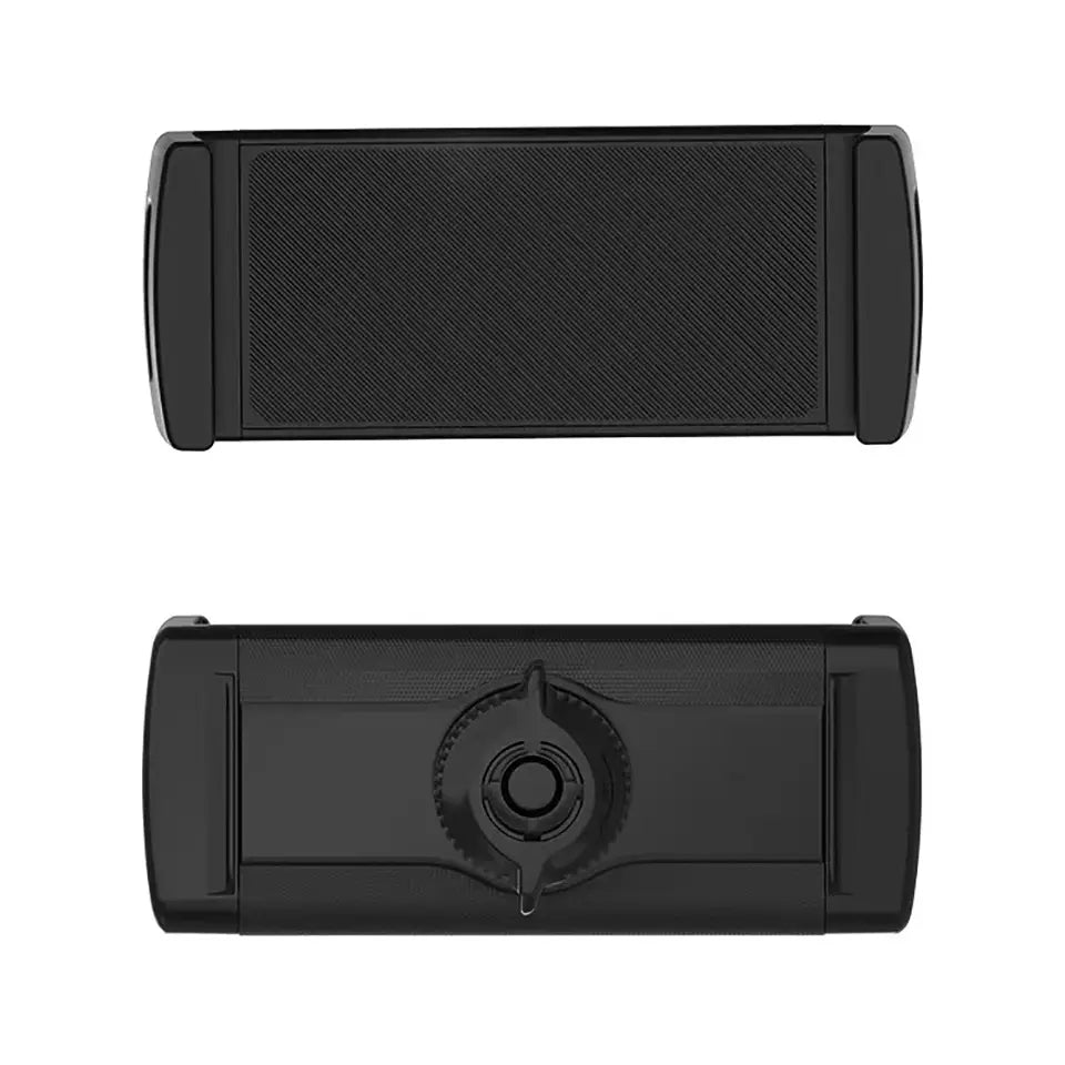 black plastic tablet holder with textured grip surface and adjustable clamp mechanism for similar size devices featuring a suction cup windshield mount