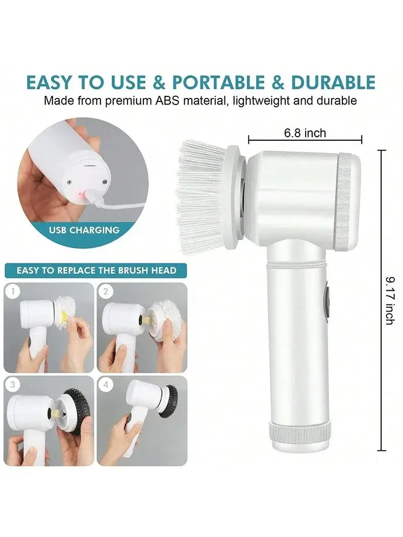 white usb rechargeable electric spin scrubber with a detachable soft-bristled head made of premium abs material designed for efficient electric cleaning.