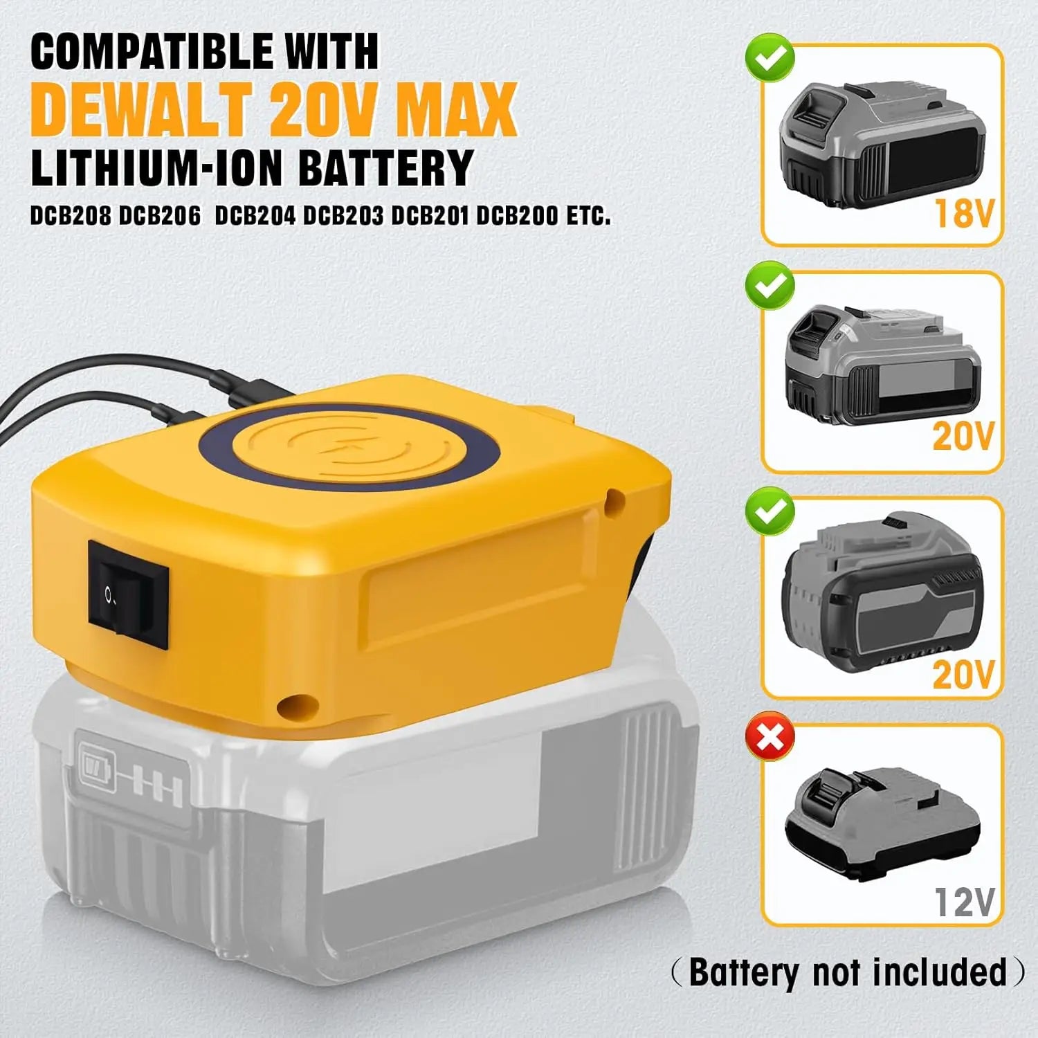 Adaptador de cargador inalámbrico de plástico amarillo con interruptor de alimentación negro y almohadilla de carga circular para una carga rápida Milwaukee de 18 V.