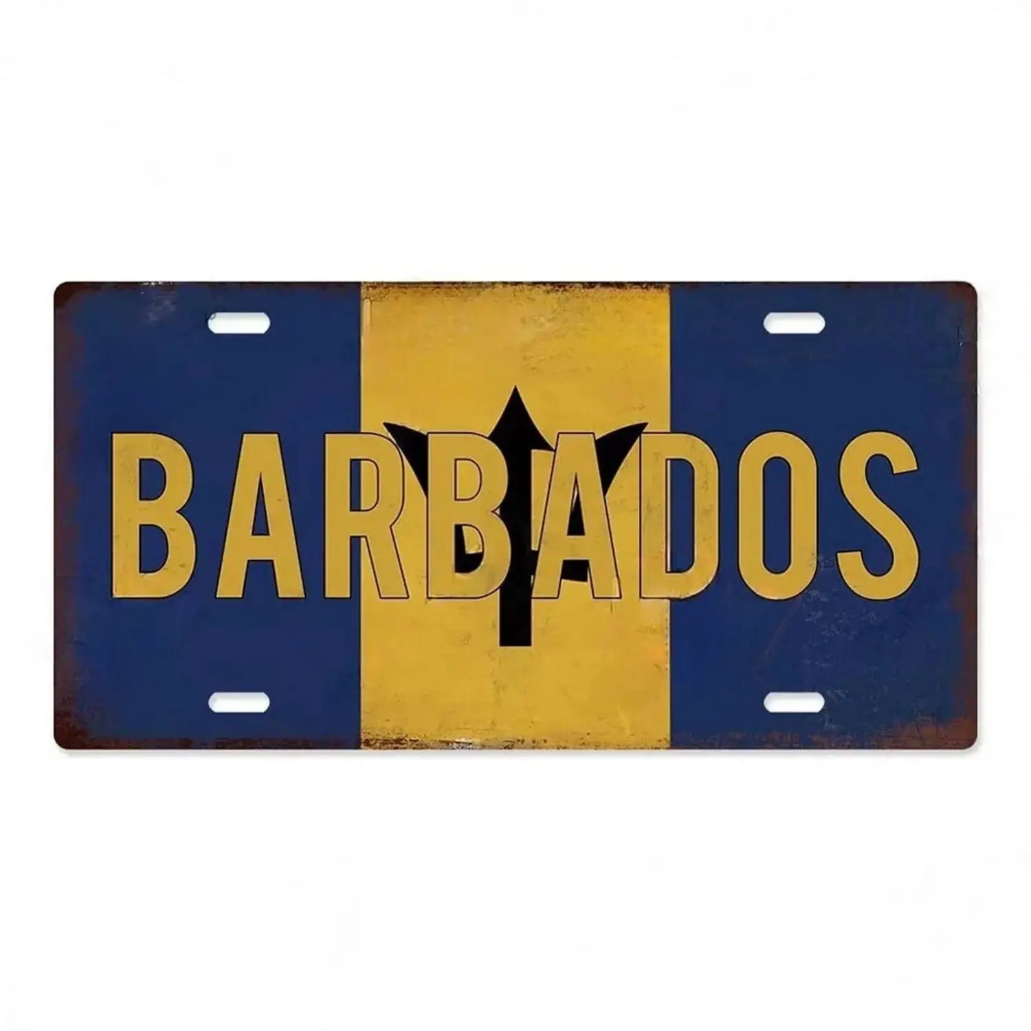 Rustic-style rectangular metal license plate with the word Barbados in bold yellow letters over a blue and gold background featuring a black trident emblem designed as vintage wall decor.