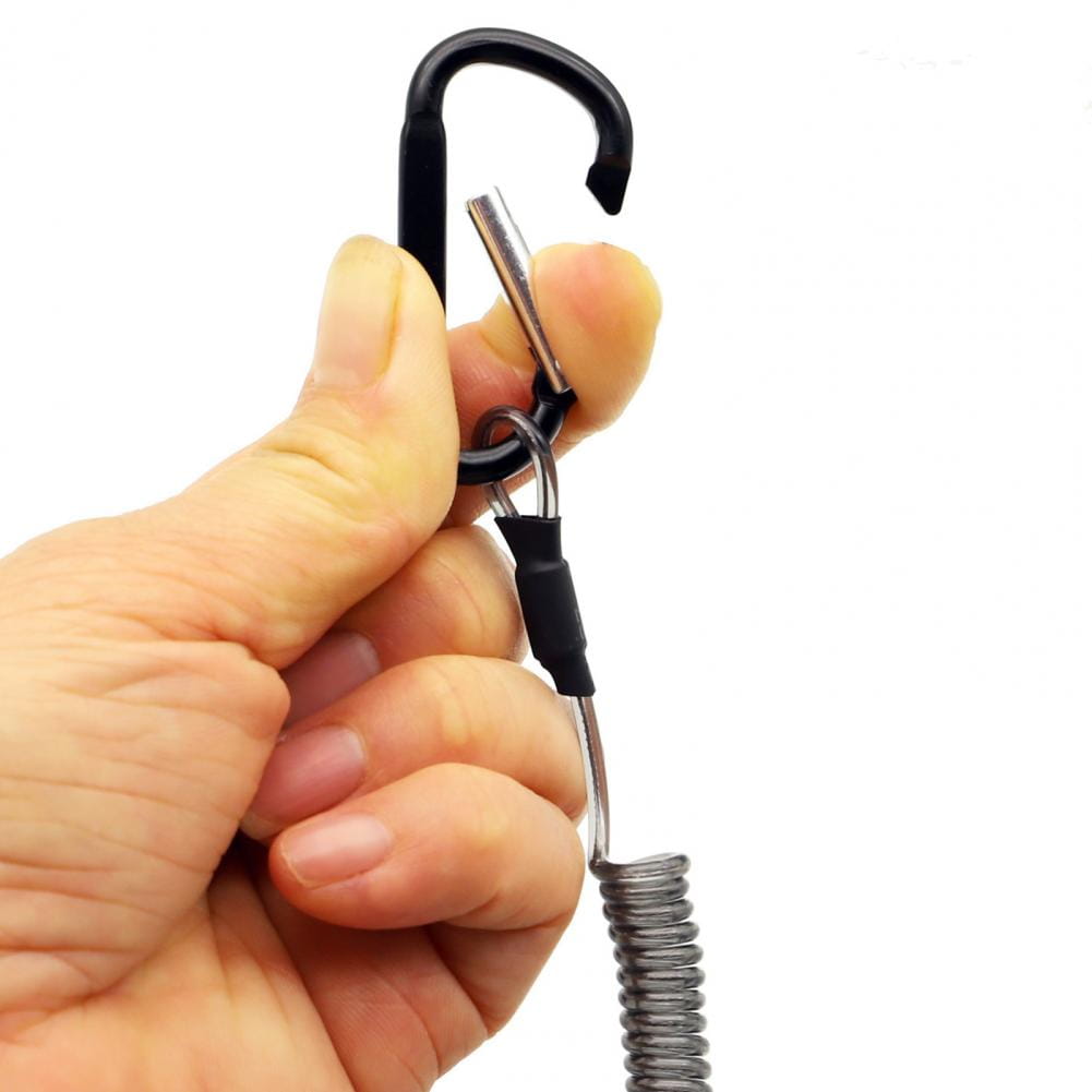 Black carabiner with a retractable coiled metal spring cord attached for anti-lost lanyard keychain use.