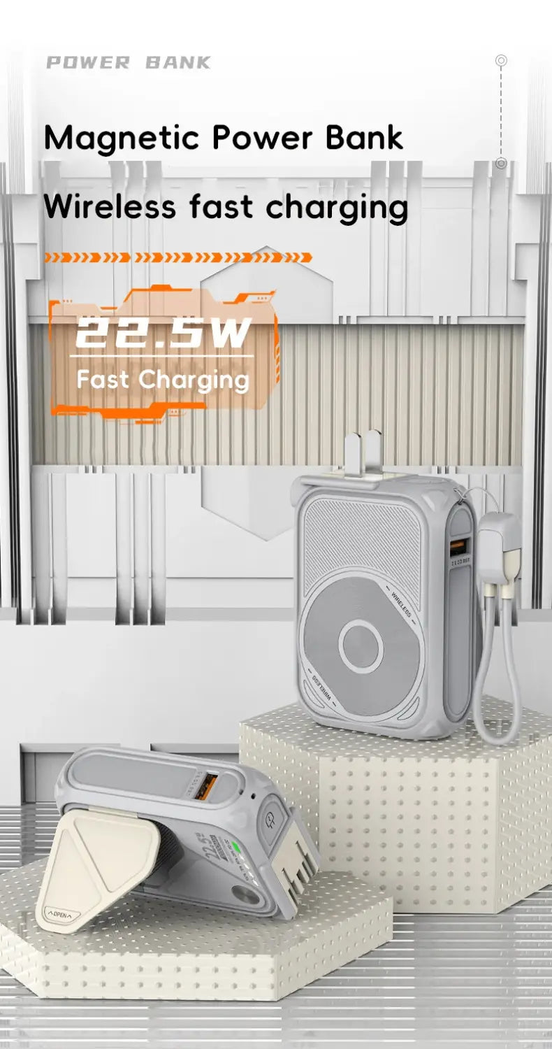 Gray magnetic power bank 20000mah fast wireless charger with 22.5w output, sleek rectangular design, speaker grille accents, and multiple usb ports featuring advanced battery and power bank features for convenient on-the-go charging.