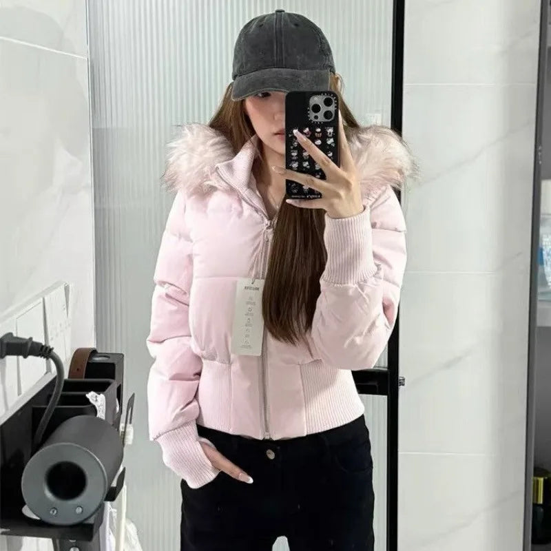 Winter Fur Collar Hooded Cropped Puffer Jacket Women's Warm Cotton Padded Jacket Short Top Windproof Coat Y2K High Waist