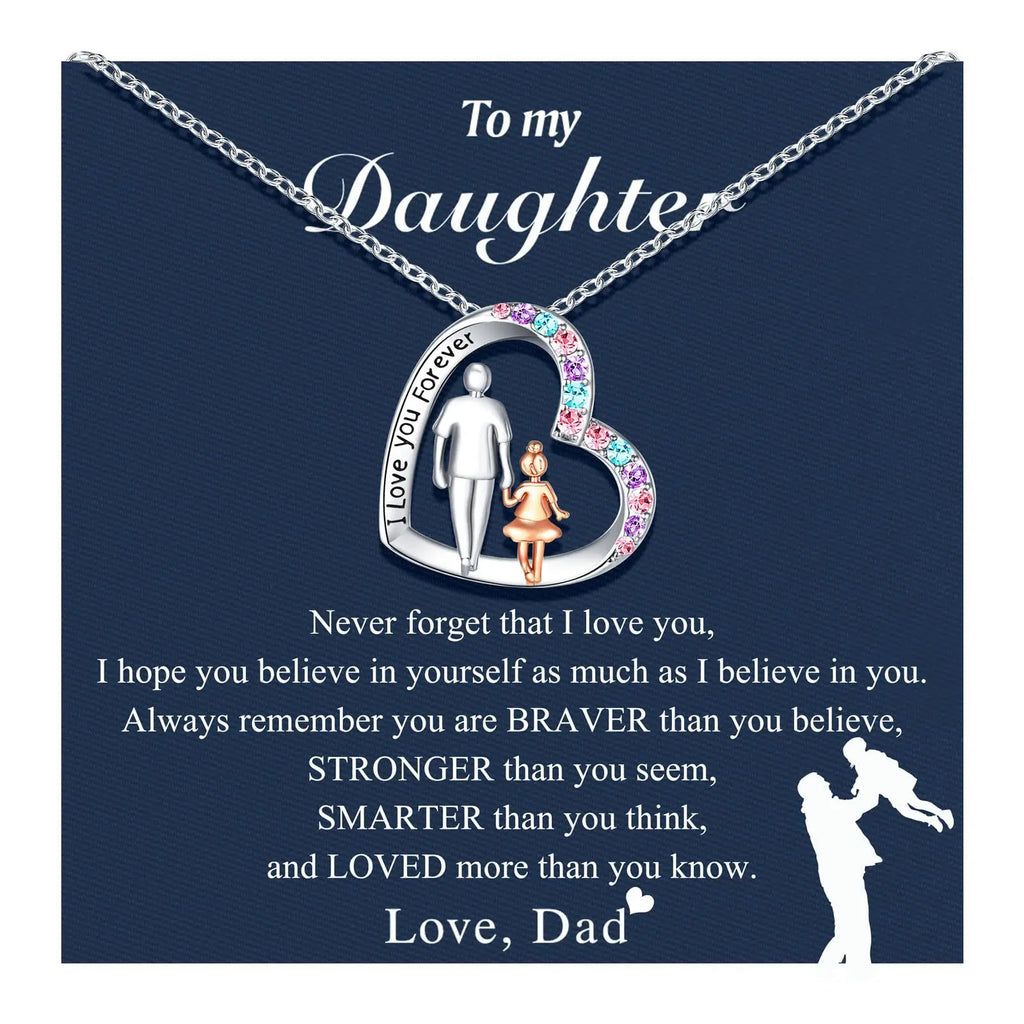 Father's Day Gift Heart Necklace Colorful Rhinestone Inlaid Laser Engraved Heart Pendant Sentimental Memorial Jewelry for Dad