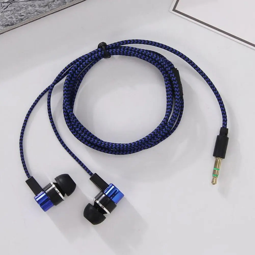 Blue and black in-ear wired headphones with a braided cable designed for enhanced bass stereo effect and immersive stereo effect.