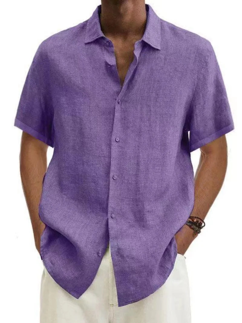 Men’s linen blend casual short sleeve shirt in purple featuring a classic collar and subtle texture with short sleeves.