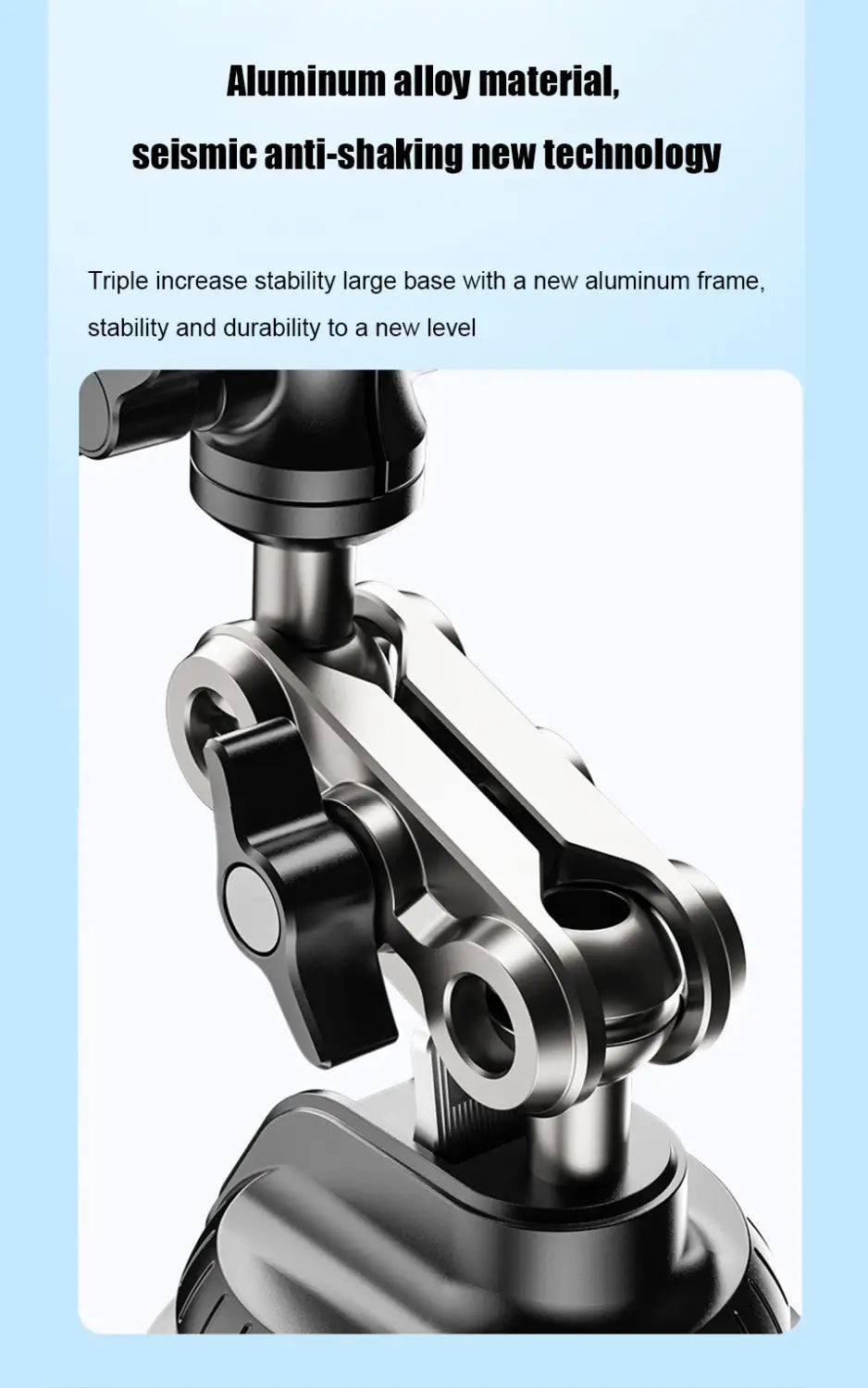 black and silver aluminum alloy tripod head with a sleek articulated design for stable camera support in a tablet holder suction cup windshield mount of similar size