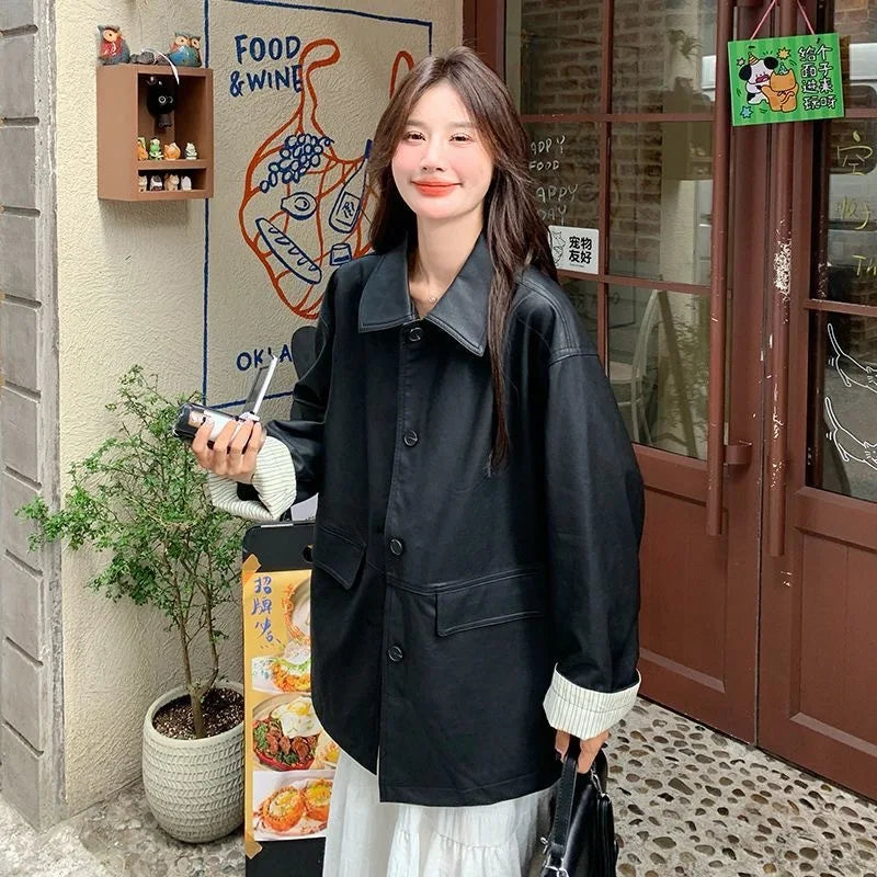 Women's Spring-Autumn New Style Leather Coat with Contrasting Sleeve Edges Loose Fit for Slimming Comfortable and Casual