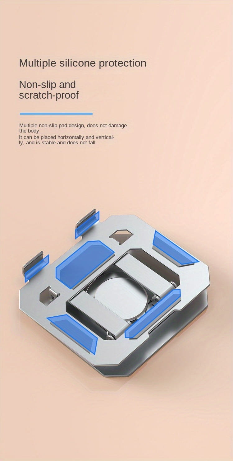 Support de tablette réglable avec rotation à 360°, finitions argent et bleu en silicone, avec patins antidérapants et anti-rayures pour un placement stable horizontal ou vertical.
