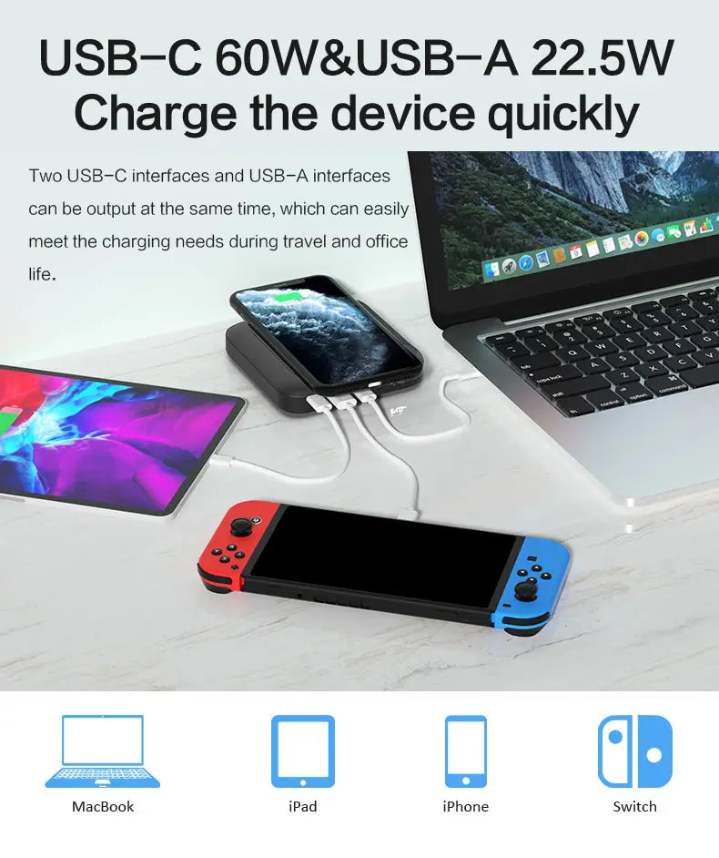 black usb-c and usb-a charging hub with two output ports for fast device charging on a 20000mah laptop power bank with wireless charging width 750px height