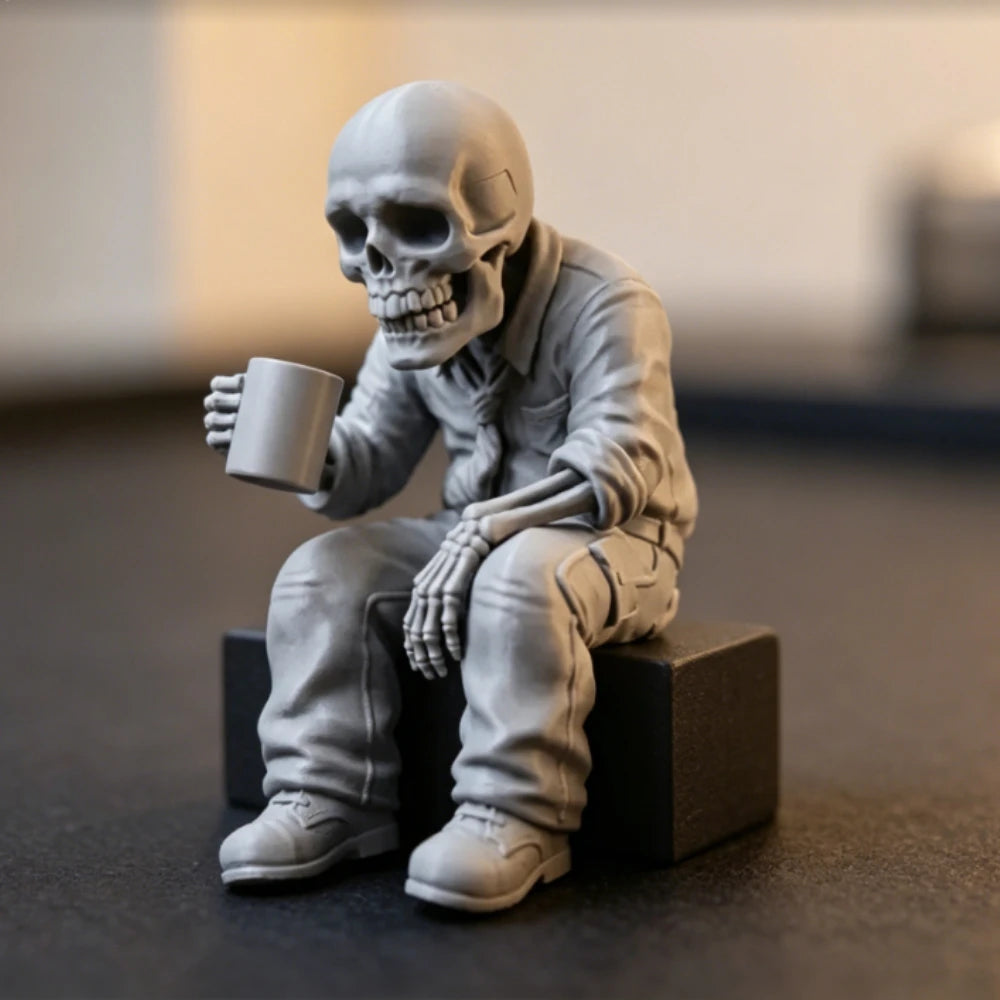 Seated Eerie Office Worker Skeleton Figurine 3D Printed Coffee Drinking Skull Desk Ornament for Humorous Home Office Decor Gifts