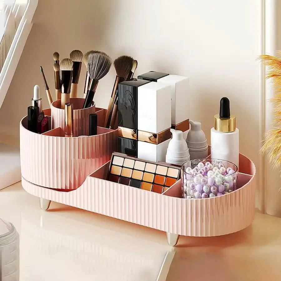 Rosa gerippter Kunststoff-Dreh-Make-up-Organizer, Kosmetik-Display-Gehäuse im modernen Stil mit mehreren Fächern zur Aufbewahrung von Pinseln, Paletten und Beauty-Produkten, Aufbewahrungsbox.