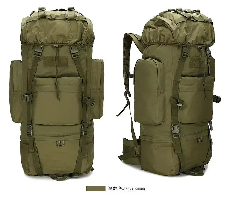 耐久性のある素材で作られたカーキグリーンの100L防水対応の戦術用ハイキング用バックパックで、複数のコンパートメントと調節可能なストラップを備えています。