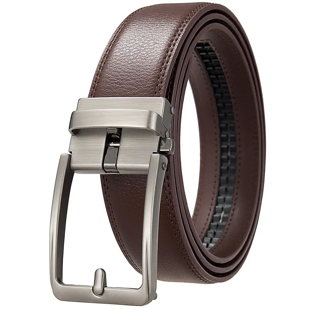 men leather automatic buckle belt featuring a brown leather strap with a brushed silver-tone automatic buckle