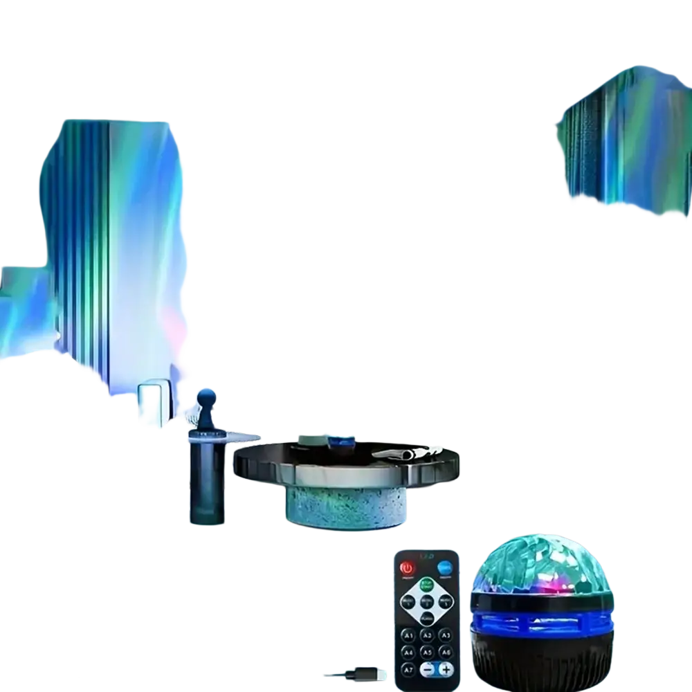 A spherical usb galaxy projector with a crystal-like surface on a black base emitting blue northern lights light effects with remote control