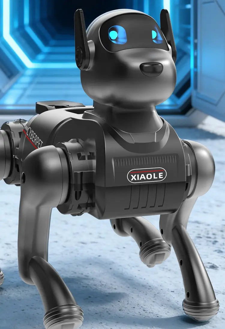 Black ai smart robot dog interactive electronic pet with glowing blue eyes, metallic limbs, and a xiaole logo on its chest.